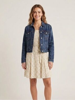 American Eagle Dark Blue Distressed Denim Jean Jacket Small